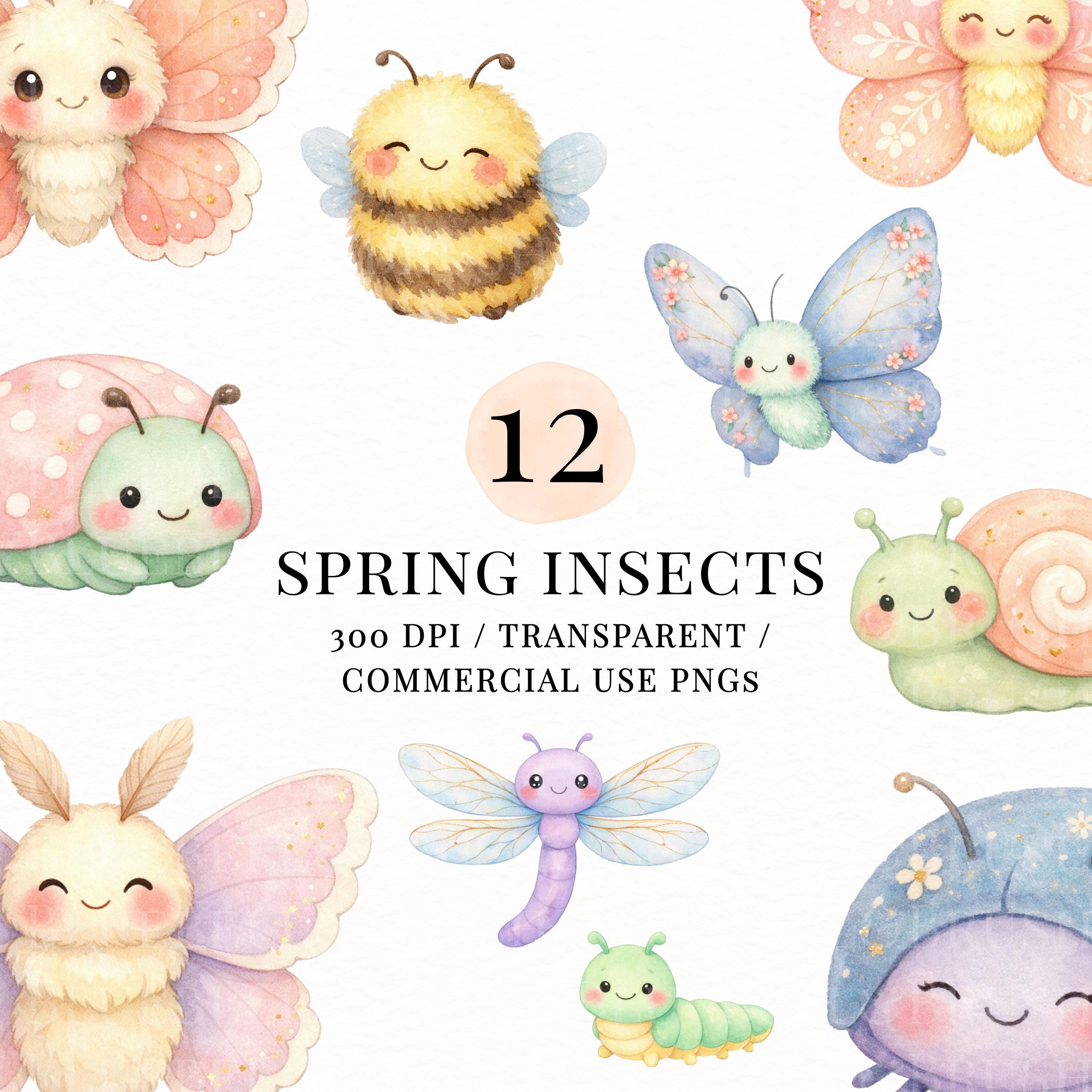 Spring Bugs Clipart PNG Bundle, Cute Watercolor Insects, Kawaii Snail ...