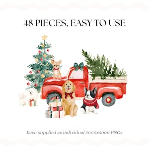 May include: A digital illustration set of 48 pieces featuring a red pickup truck, a decorated Christmas tree, various dog breeds, and wrapped gifts. The text reads 48 PIECES, EASY TO USE and Each supplied as individual 5000x5000 PNGs.