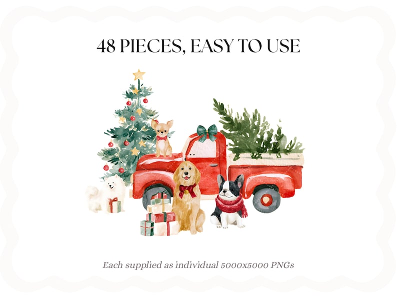 May include: A digital illustration set of 48 pieces featuring a red pickup truck, a decorated Christmas tree, various dog breeds, and wrapped gifts. The text reads 48 PIECES, EASY TO USE and Each supplied as individual 5000x5000 PNGs.