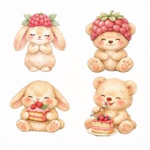 May include: Watercolor illustrations of four adorable cartoon characters: a bunny and a bear, each depicted twice. The bunny and bear are wearing raspberry hats. One bunny and bear are holding and eating cake. The characters have rosy cheeks and are smiling.
