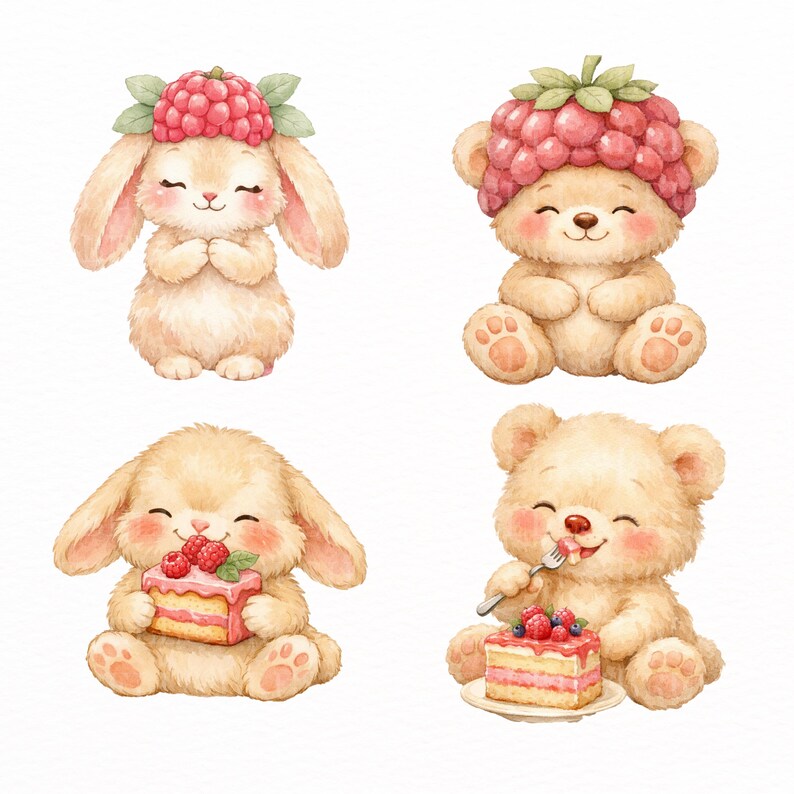 May include: Watercolor illustrations of four adorable cartoon characters: a bunny and a bear, each depicted twice. The bunny and bear are wearing raspberry hats. One bunny and bear are holding and eating cake. The characters have rosy cheeks and are smiling.