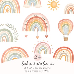 Puede incluir: Una colección de ilustraciones en acuarela con varios arcoíris en tonos apagados de naranja, verde y azul, junto con un sol, un globo aerostático y detalles de hojas. El texto dice 24 boho rainbows 300 DPI Transparent Commercial Use PNGs.