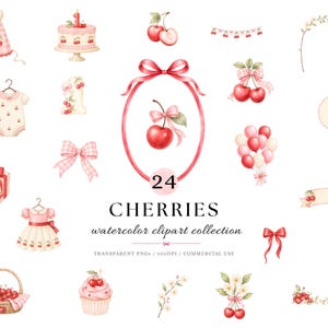 Può includere: Una collezione di 24 illustrazioni ad acquerello a tema ciliegia che include un cappellino da festa, torta, il numero uno, body per neonati, scatola regalo, vestito, cestino, cupcake, palloncini, fiocchi, composizioni floreali e striscioni con il testo 24 CHERRIES watercolor clipart collection.