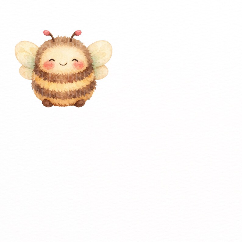 May include: A watercolor illustration of a smiling bee. The bee has a round, fluffy body with brown and yellow stripes. It has small, delicate wings, two antennae, and rosy cheeks. The background is plain white.
