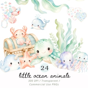 Pode incluir: Ilustração em aquarela de vários animais marinhos, incluindo uma baleia, uma tartaruga, um polvo e uma água-viva. Um baú do tesouro, uma estrela do mar e conchas também estão presentes. O texto "little ocean animals" é exibido.