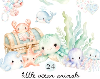 Pastel Undersea Clipart PNG, Cute Ocean Animals, Watercolor Sea Creatures, Coral Reef Clipart, Baby Shower Invitations, Undersea Nursery Art
