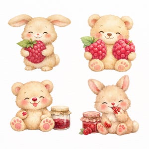 May include: Watercolor illustration of four cute animals: two bunnies and two teddy bears. Each animal is holding or eating raspberries. Two jars of raspberry jam are also featured. The animals have rosy cheeks and are smiling.