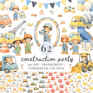 May include: A collection of watercolour illustrations with a construction theme. The image features construction vehicles, tools, and children dressed as construction workers. The text "construction party" is visible, along with the number 62. The colour palette includes yellow, blue, and orange.