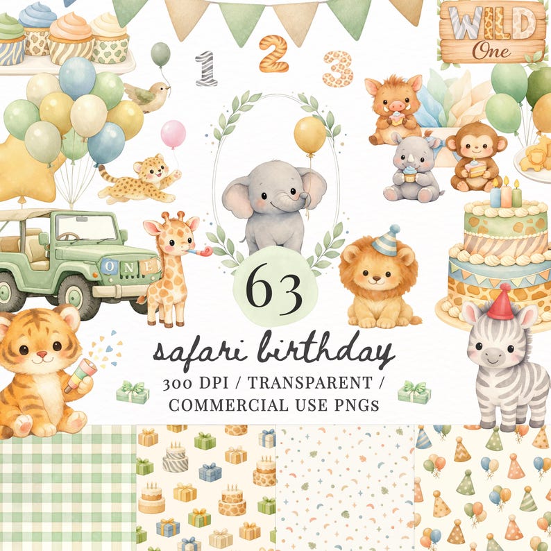 Safari Birthday Party Clipart PNG Bundle, Wild One Jungle Animals, Baby ...