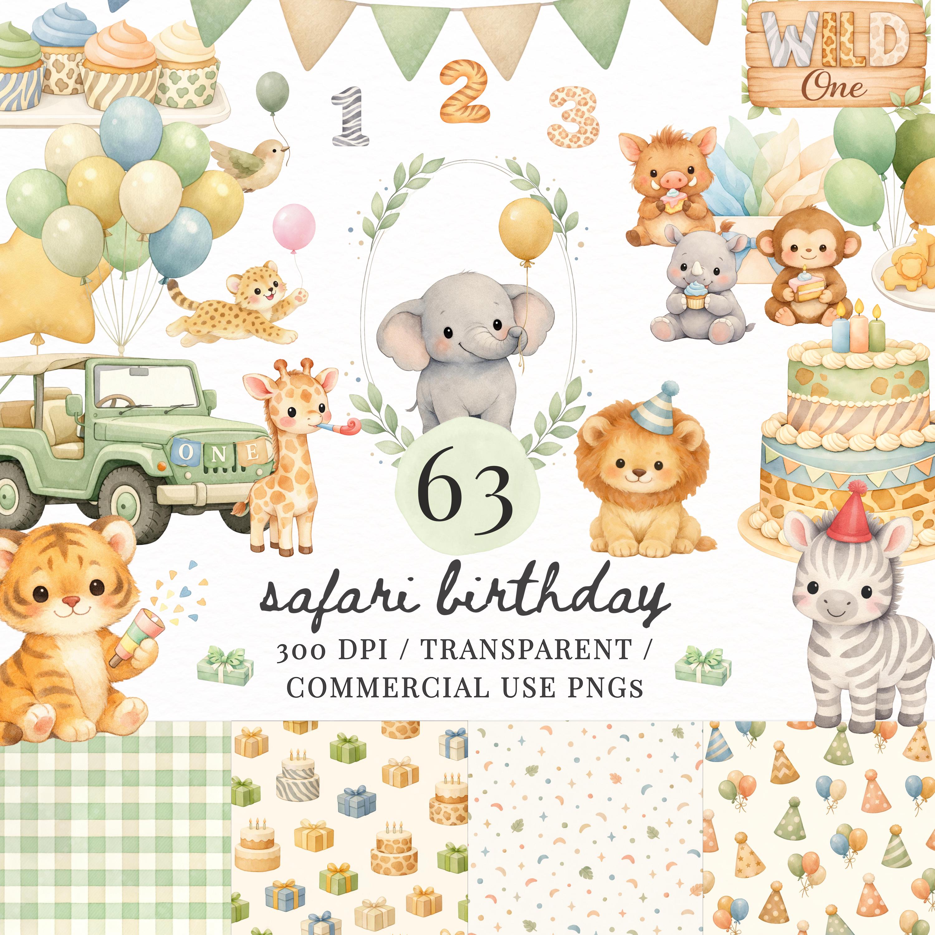 Safari Birthday Party Clipart PNG Bundle, Wild One Jungle Animals, Baby ...