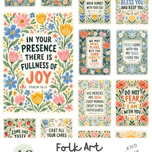 May include: A collection of 48 rectangular cards featuring floral borders in pink, yellow, and blue, each displaying different Bible verses with text such as In Your Presence There Is Fullness Of Joy, Psalm 16:11, and Do Not Fear I Am With You.