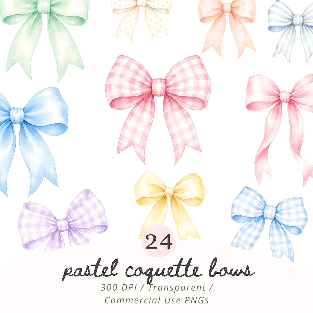 Pastel Coquette Bows Clipart PNG, Watercolor Ribbon & Gingham Hair Bow ...