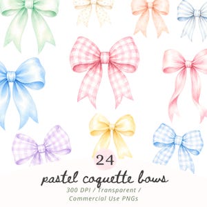 Può includere: Immagine ad acquerello di vari fiocchi color pastello. I fiocchi sono in tonalità di rosa, blu, verde, giallo e viola. Alcuni fiocchi hanno motivi a quadretti, altri sono in tinta unita. Il testo "pastel coquette bows" è in basso.