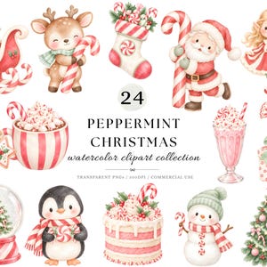 May include: A collection of 24 watercolour Christmas clipart illustrations featuring a red sleigh, a reindeer, a stocking, Santa Claus, an elf, a mug of cocoa, a milkshake, a penguin, a cake, a snowman, a snow globe, and a decorated tree.