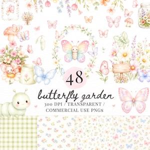 Puede incluir: Una ilustración en acuarela con el tema del jardín de mariposas. La imagen incluye varias mariposas, flores y una oruga. Se muestra el texto "48 butterfly garden", junto con "300 DPI / TRANSPARENT / COMMERCIAL USE PNGS".