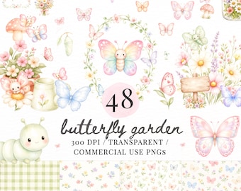 May include: A watercolor illustration featuring a butterfly garden theme. The image includes various butterflies, flowers, and a caterpillar. The text "48 butterfly garden" is displayed, along with "300 DPI / TRANSPARENT / COMMERCIAL USE PNGS".