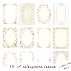 Puede incluir: Una colección de marcos rectangulares y ovalados con bordes florales de acuarela, patrones de rayas y fondos de cuadros vichy. El texto 48 a4 cottagecore frames ...and many more! aparece en letra cursiva verde oscuro.