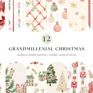 Könnte beinhalten: Eine Sammlung von 12 nahtlosen digitalen Mustern mit weihnachtlichen Aquarellmotiven wie Weihnachtssterne, Christbaumkugeln, Nussknacker, Strümpfe und Tannenbäume auf cremefarbenem Grund. Der Text lautet 12 GRANDMILLENNIAL CHRISTMAS.