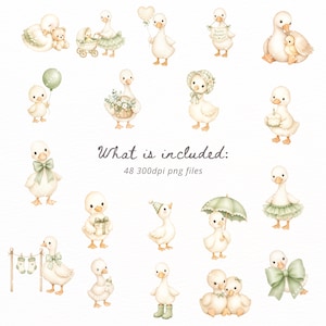 May include: A collection of watercolor illustrations featuring white ducklings in various poses, including holding balloons, umbrellas, gifts, and wearing bonnets. The text reads: What is included: 48 300dpi png files. The color palette is soft white and sage green.