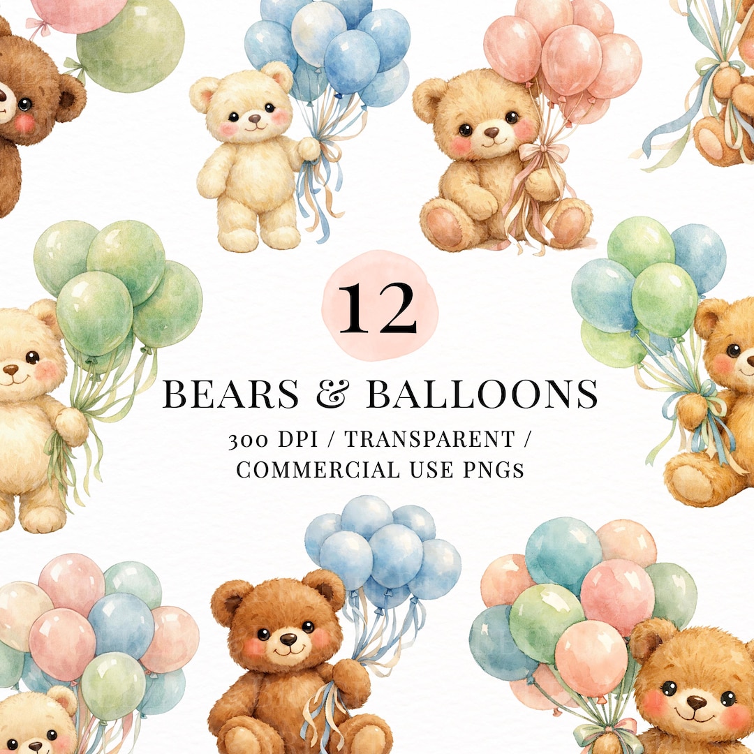 Teddy Bear Balloons Clipart PNG, Cute Baby Bear Party Graphics, Pastel ...
