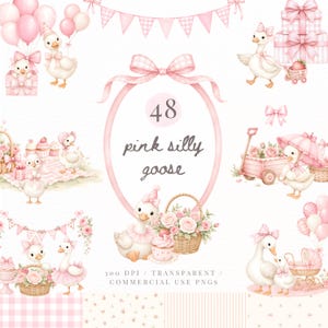 Pink Coquette Silly Goose Clipart PNG Bundle, Watercolor Goose Baby Shower Invitations, Nursery Decor, Birthday Goose Commercial Use PNGs