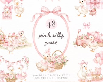 Pink Coquette Silly Goose Clipart PNG Bundle, Watercolor Goose Baby Shower Invitations, Nursery Decor, Birthday Goose Commercial Use PNGs