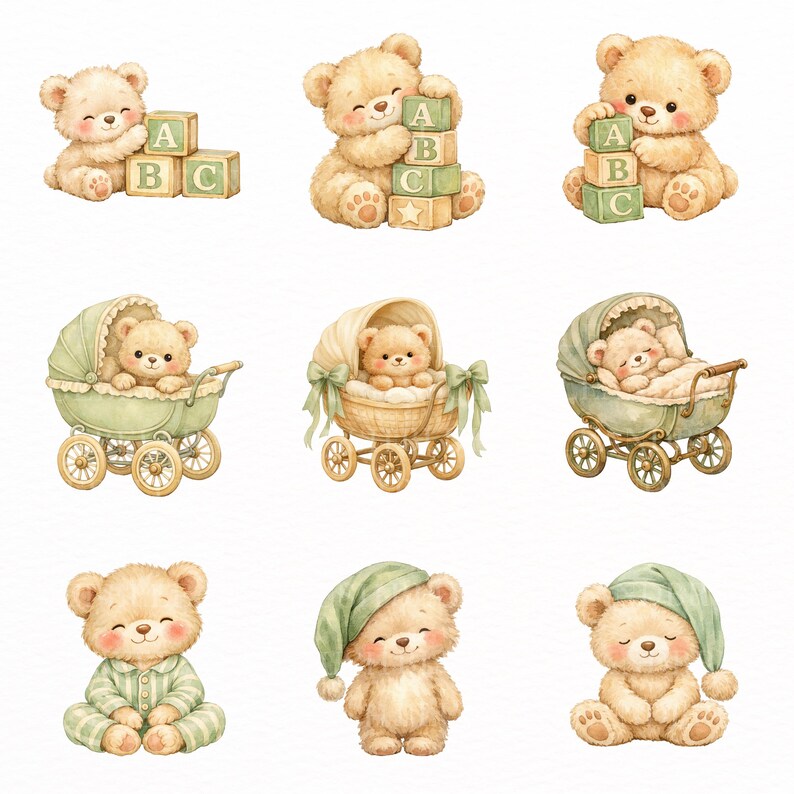 Teddy Bear Clipart Sage Green PNG Bundle, Baby Boy Nursery Bears ...