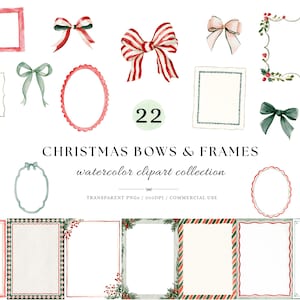 Puede incluir: Una colección de lazos y marcos navideños en acuarela con diseños en rojo, verde y blanco. El conjunto incluye varios bordes rectangulares y ovalados, cintas decorativas y detalles de follaje con el texto 22 CHRISTMAS BOWS & FRAMES.