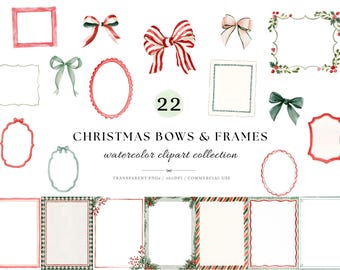 Op de afbeelding: Een collectie aquarel kerststrikken en kaders met rode, groene en witte ontwerpen. De set bevat diverse rechthoekige en ovale randen, decoratieve linten en feestelijke bladeren met de tekst 22 CHRISTMAS BOWS & FRAMES.