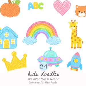 May include: A collection of colorful crayon-style digital illustrations featuring an orange pumpkin, ABC letters, a pink heart, a cat face, a blue house, a rainbow with clouds, a yellow giraffe, a gold crown, a teal UFO, and a blue rocket ship.