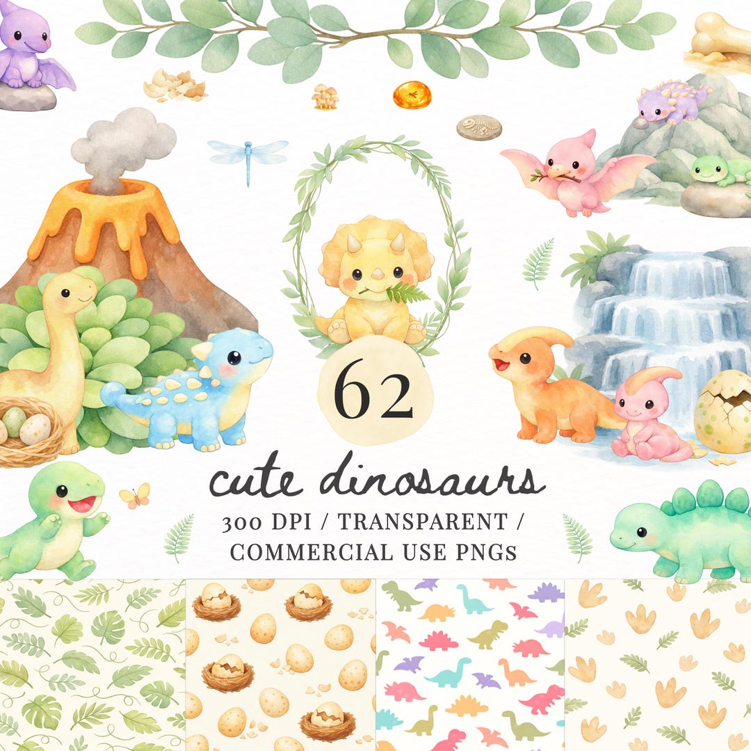 Cute Dinosaur Clipart PNG, Watercolor Pastel Baby Dino Clipart, T-rex ...
