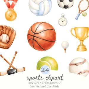 May include: A collection of watercolour sports illustrations including a gold medal, volleyball, football, tennis racket, stopwatch, baseball glove, basketball, trophy, golf ball on a tee, hockey sticks with a puck, tennis ball, and baseball.
