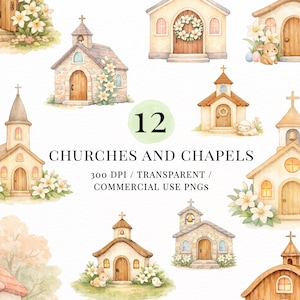 Può includere: Illustrazioni ad acquerello di chiese e cappelle. L'immagine presenta dodici diversi modelli di chiese, ognuno con dettagli architettonici unici, tra cui croci, campanili e accenti floreali. È incluso anche il testo "CHURCHES AND CHAPELS".