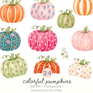 May include: A collection of 24 digital illustrations featuring pumpkins in various colours and patterns, including orange, pink, green, blue, and white. The pumpkins are decorated with floral motifs, polka dots, leopard print, and stars.