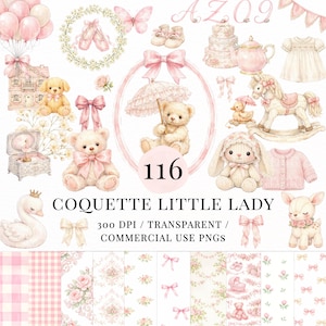 Coquette Baby Girl Clipart PNG Bundle, Pink Nursery Toys Clipart, Teddy Bear Bunny Bow Ballet Baby Shower PNGs, Commercial Use