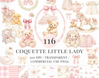 Coquette Baby Girl Clipart PNG Bundle, Pink Nursery Toys Clipart, Teddy Bear Bunny Bow Ballet Baby Shower PNGs, Commercial Use