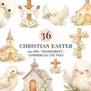 May include: A collection of watercolour illustrations with Christian Easter themes. The image includes crosses, doves, churches, and floral arrangements. Text reads "36 CHRISTIAN EASTER" and details about the PNG files.