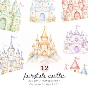 May include: Watercolor illustrations of 12 fairytale castles in various pastel colors. Each castle features towers, flags, and decorative elements. The text "12 fairytale castles" is displayed below the images, along with technical details.