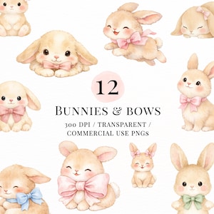 Bunny with Bow Clipart PNG – Easter Coquette Bow Bunnies, Spring Rabbit Printable, Sublimation Design, Instant Download
