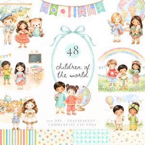 Op de afbeelding: Een digitale collectie van 48 aquarelillustraties met kinderen uit diverse culturen, wereldbollen, kaarten en internationale vlaggen. De centrale tekst luidt 48 children of the world, omringd door een lichtblauw lint en diverse achtergronden.