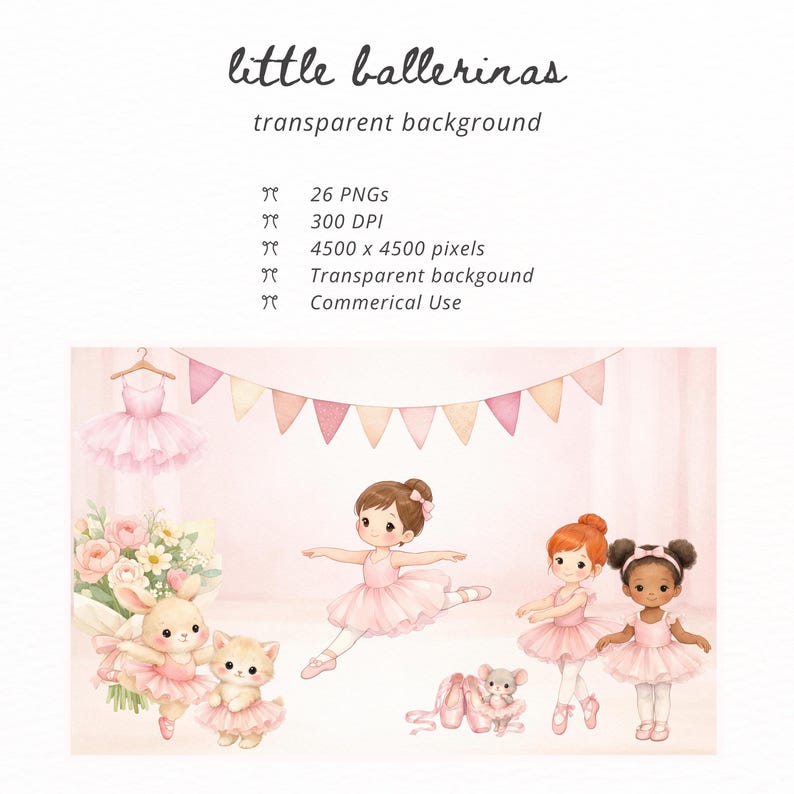 Watercolor Ballerina Clipart PNG Bundle, Cute Pink Ballet Bunnies, Bear ...