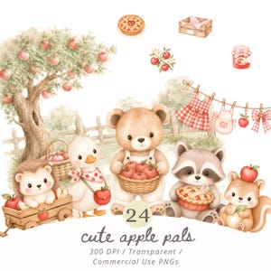 Puede incluir: Una colección de ilustraciones en acuarela con un oso, un mapache, una ardilla, un pato y un erizo con manzanas, un árbol, una caja de madera, un pastel, un frasco y ropa, con el texto 24 cute apple pals 300 DPI Transparent.