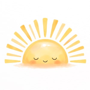 Puede incluir: Una ilustraci&oacute;n de sol amarillo con forma semicircular, ojos cerrados, una peque&ntilde;a sonrisa curva y mejillas de color rosa suave. El sol tiene rayos de luz que se extienden hacia arriba en forma de abanico, todo en estilo acuarela.