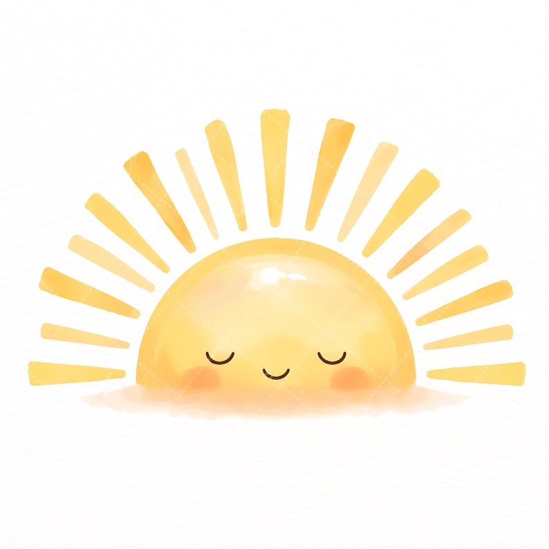 Puede incluir: Una ilustraci&oacute;n de sol amarillo con forma semicircular, ojos cerrados, una peque&ntilde;a sonrisa curva y mejillas de color rosa suave. El sol tiene rayos de luz que se extienden hacia arriba en forma de abanico, todo en estilo acuarela.