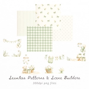 May include: A digital collection of seamless patterns and scene builders featuring sage green and cream watercolor illustrations of teddy bears, baby clothes, balloons, floral arrangements, and gift boxes with the text Seamless Patterns & Scene Builders.