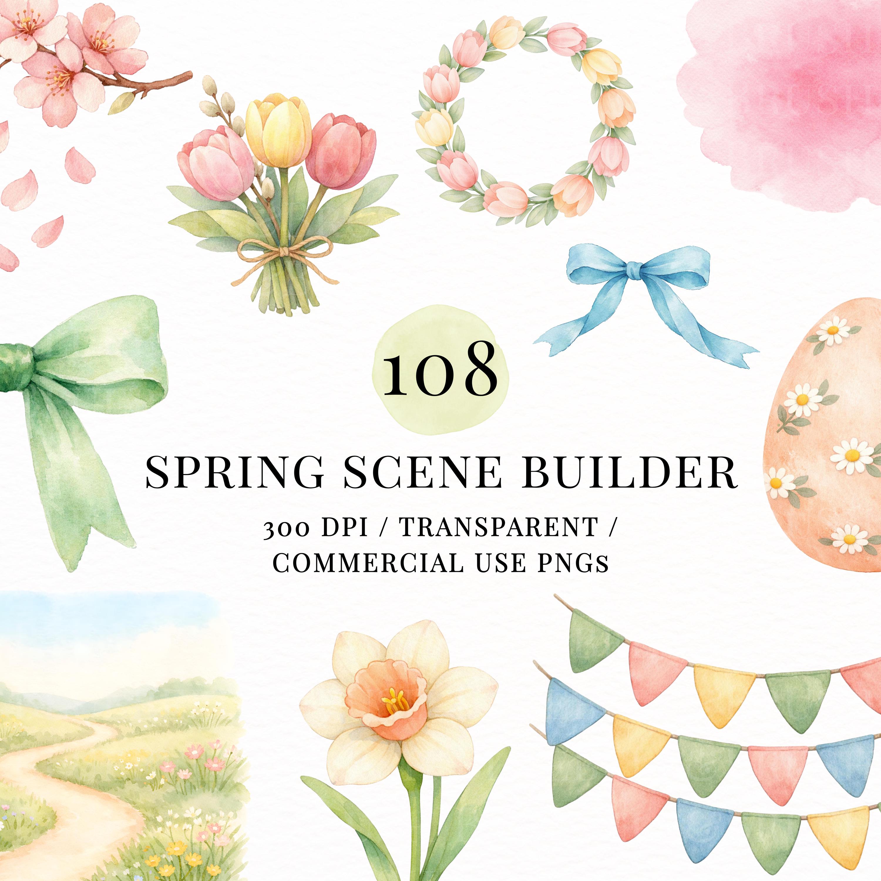 108 Spring Scene Builder Clipart PNG, Watercolor Bows, Floral Wreaths ...