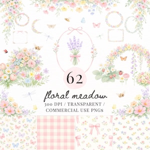 May include: A digital art collection featuring watercolor floral elements, including bouquets, wreaths, and patterns. The image includes butterflies, bees, and the text "floral meadow" and "62". The color palette is soft pastels.
