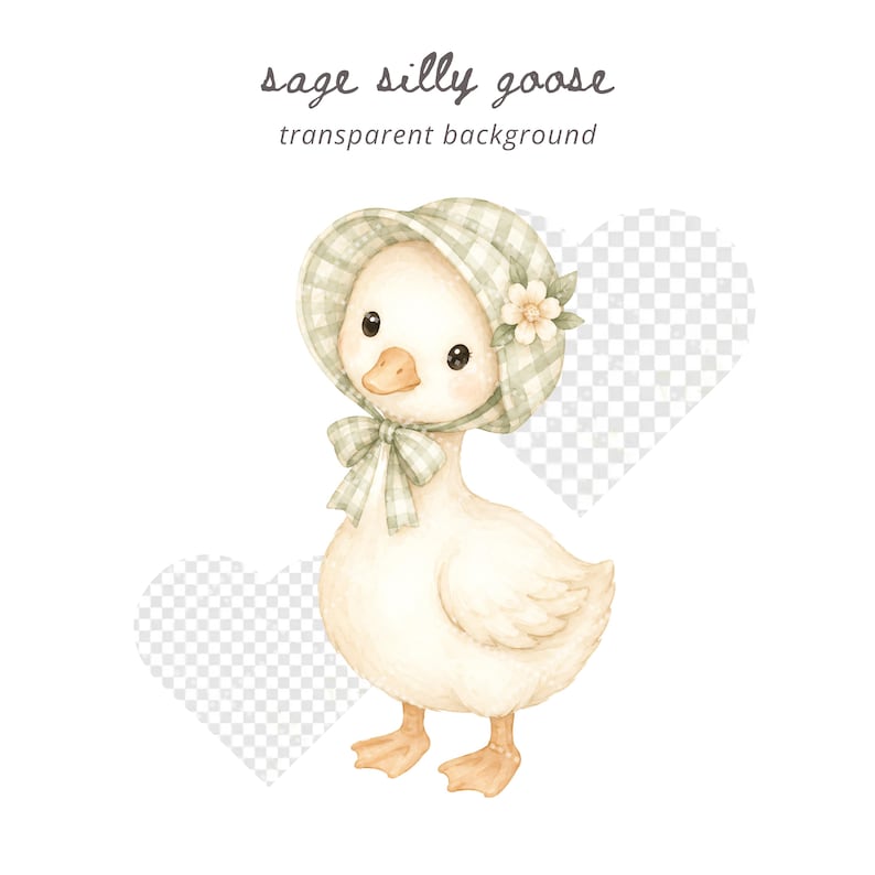 May include: Watercolor illustration of a charming goose wearing a sage green plaid bonnet with a bow and flower. The text "sage silly goose transparent background" is at the top. The goose has a cream-colored body and is standing.