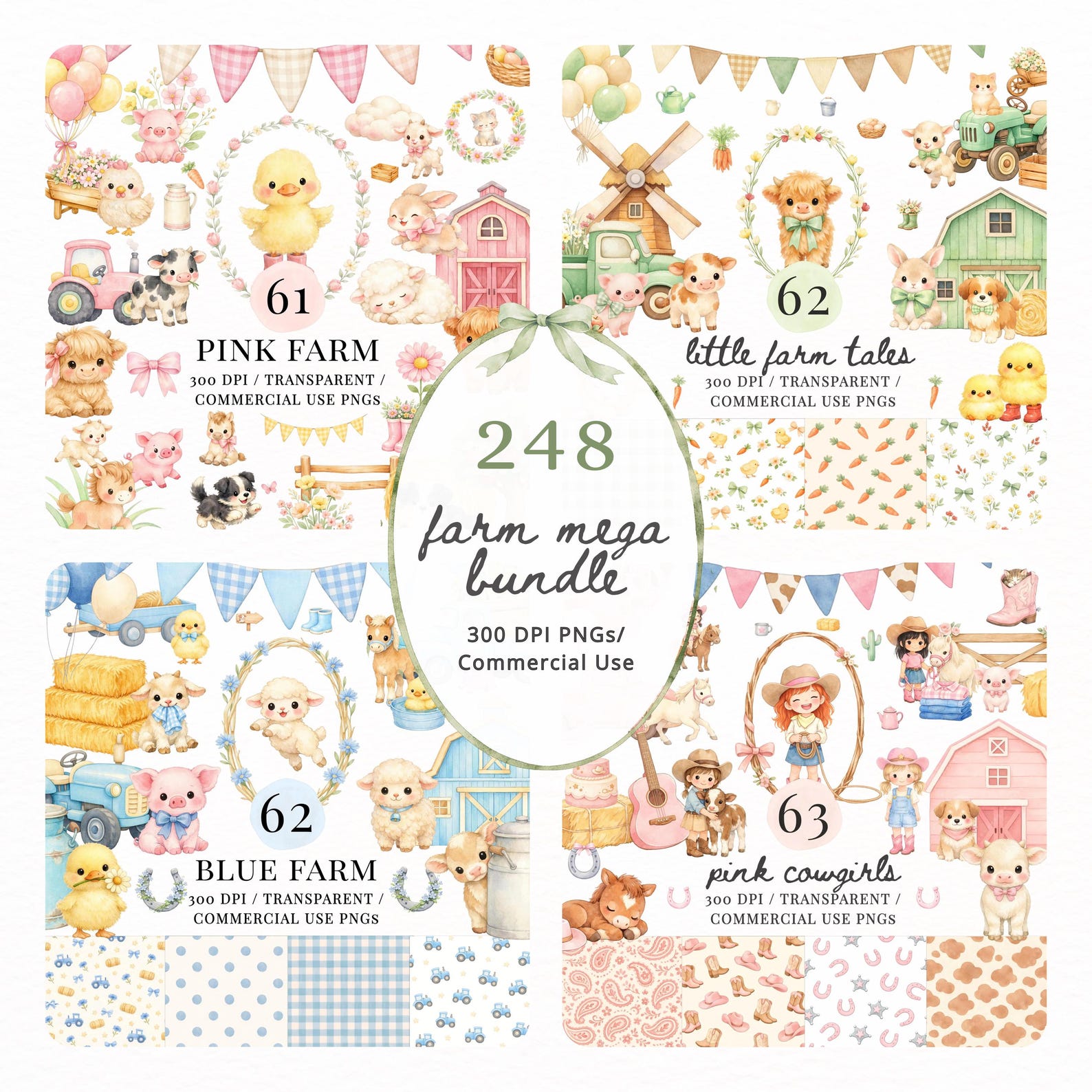 Farm Animal Clipart Bundle Watercolor PNG, Cute Farm Animals, Cow Pig ...