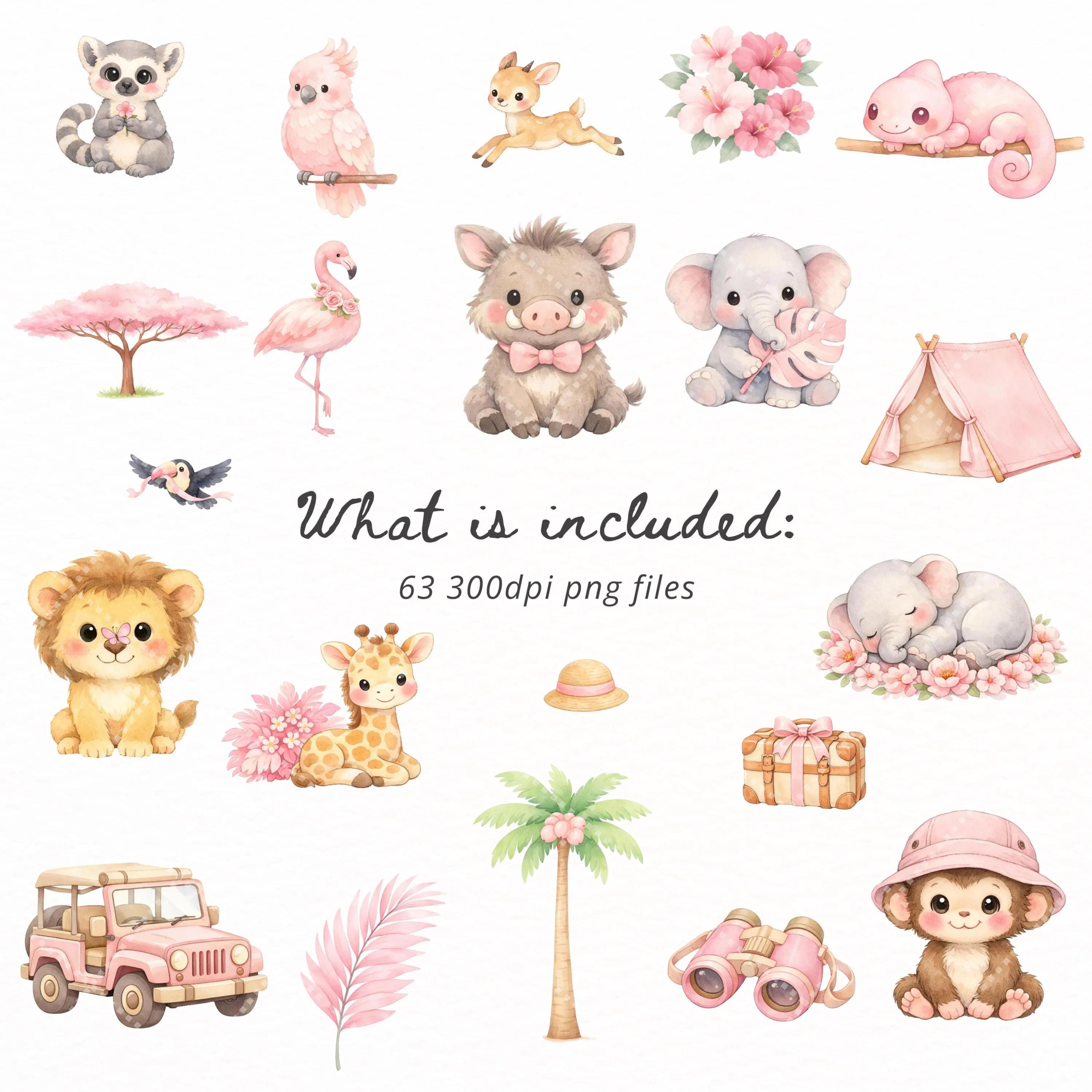 Cute Safari Clipart Bundle PNG, Jungle Animals Clipart, Elephant Lion ...